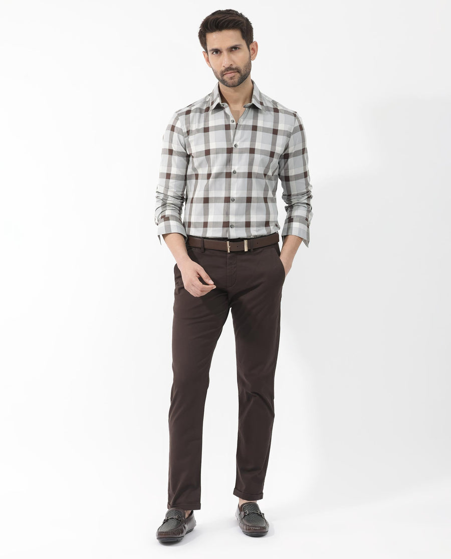 Rare Rabbit Men's Mape Light Grey Cotton Checked Print Regular Fit Full Sleeve Collared Shirt