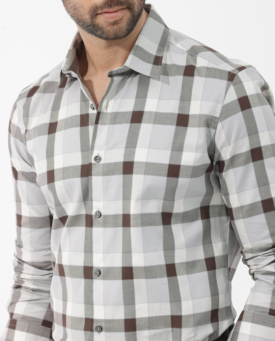 Rare Rabbit Men's Mape Light Grey Cotton Checked Print Regular Fit Full Sleeve Collared Shirt