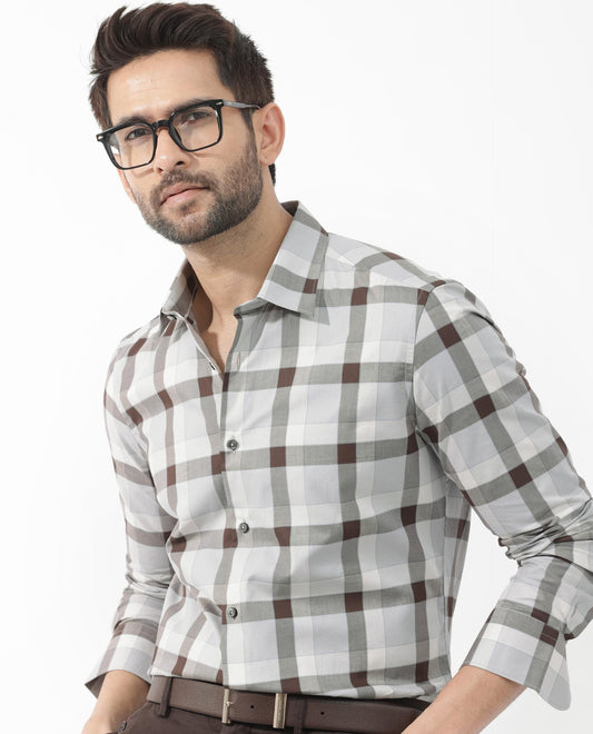 Rare Rabbit Men's Mape Light Grey Cotton Checked Print Regular Fit Full Sleeve Collared Shirt