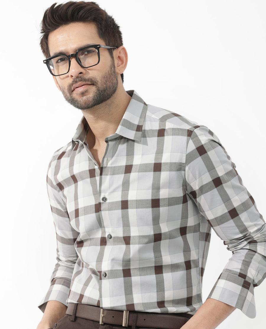 Rare Rabbit Men's Mape Light Grey Cotton Checked Print Regular Fit Full Sleeve Collared Shirt