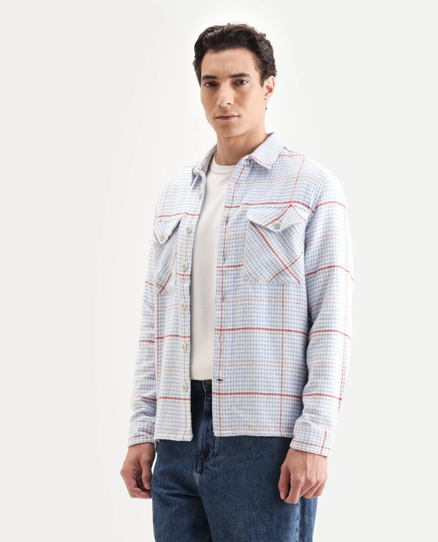 Rare Rabbit Men's Marcella Light Blue Cotton Checked Print Relaxed Fit Full Sleeve Collared Shacket