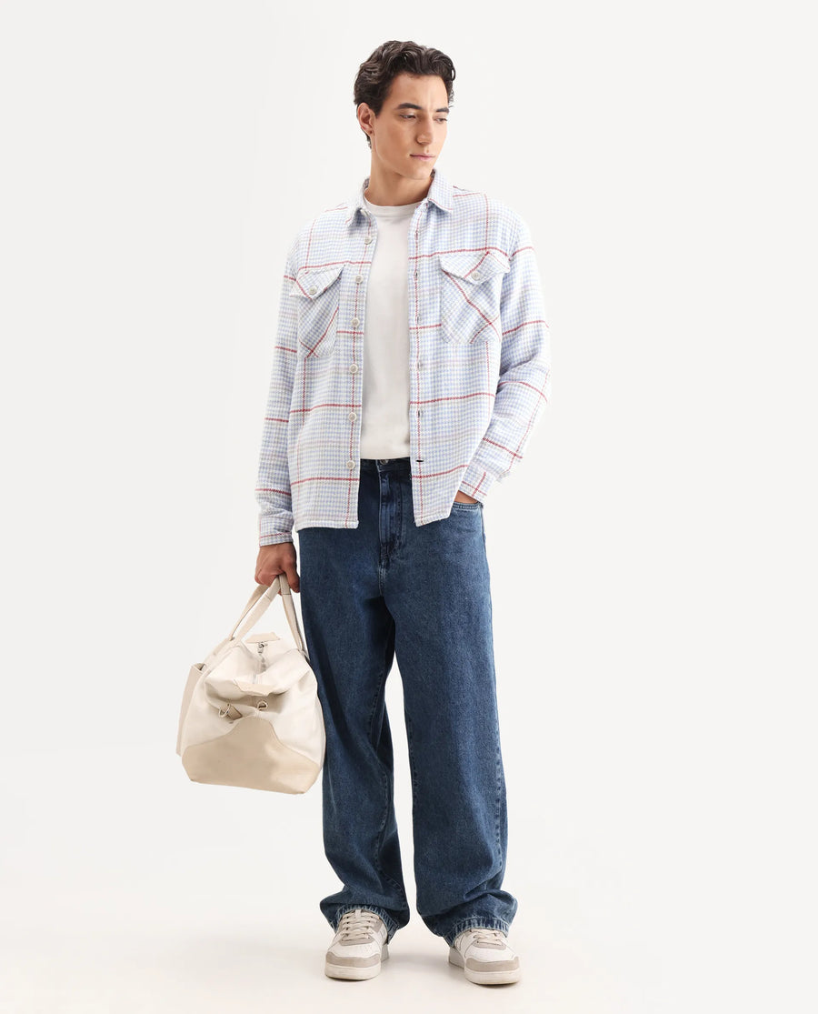 Rare Rabbit Men's Marcella Light Blue Cotton Checked Print Relaxed Fit Full Sleeve Collared Shacket