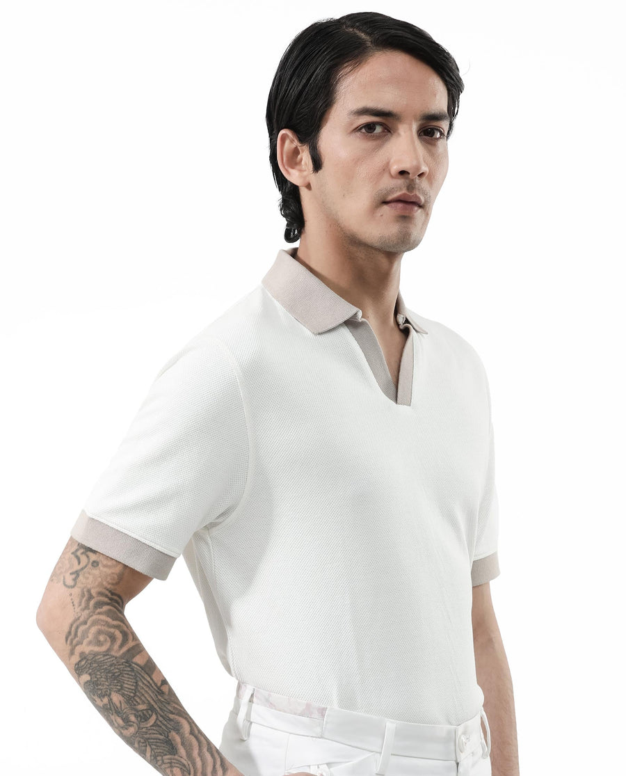 Rare Rabbit Men's Marcelo Off White Cotton Blend Plain Regular Fit Half Sleeve Polo