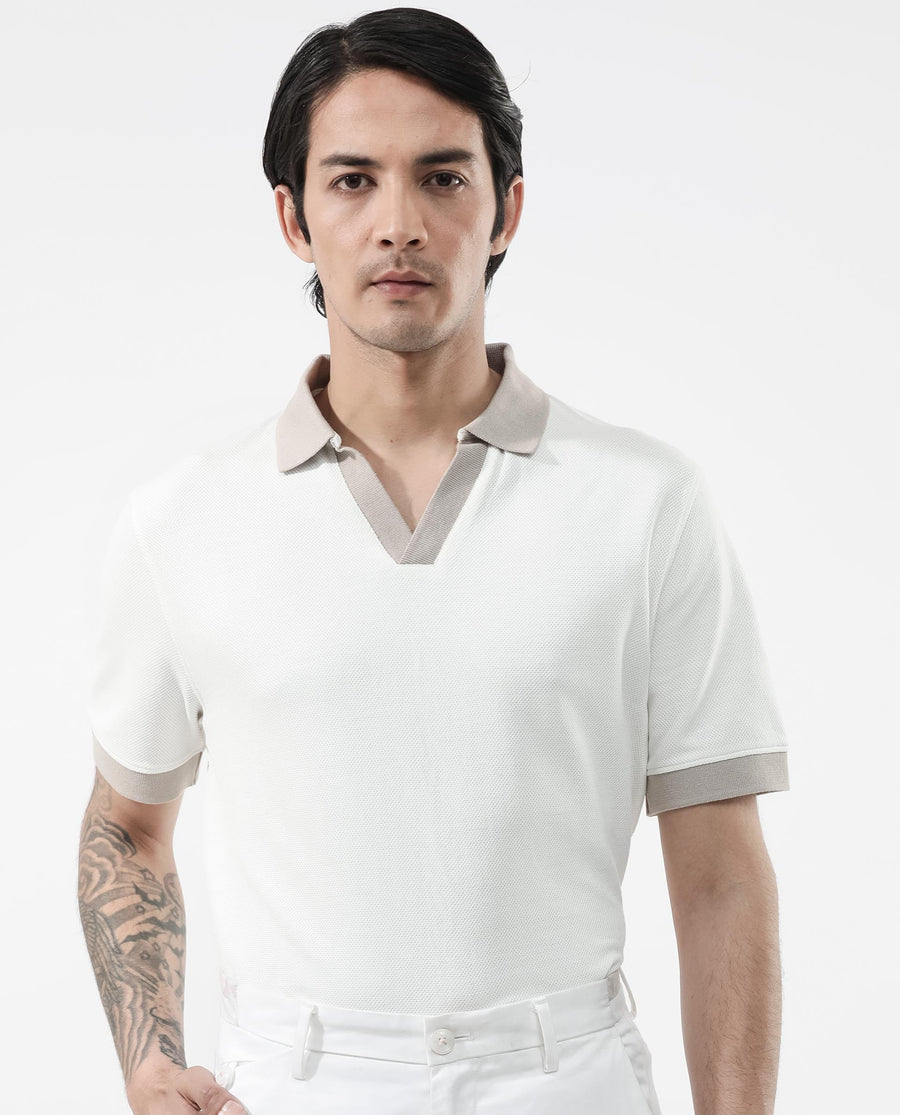 Rare Rabbit Men's Marcelo Off White Cotton Blend Plain Regular Fit Half Sleeve Polo