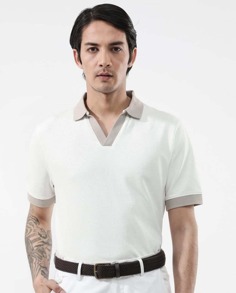 Rare Rabbit Men's Marcelo Off White Cotton Blend Plain Regular Fit Half Sleeve Polo