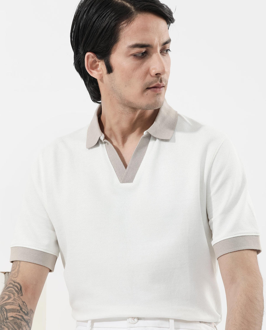 Rare Rabbit Men's Marcelo Off White Cotton Blend Plain Regular Fit Half Sleeve Polo