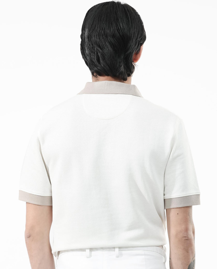 Rare Rabbit Men's Marcelo Off White Cotton Blend Plain Regular Fit Half Sleeve Polo