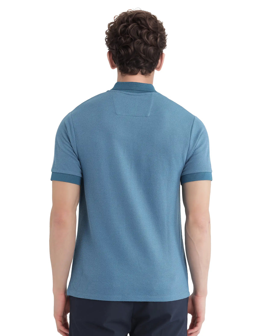 Rare Rabbit Men's Marcelon Teal Cotton Blend Jacquard Regular Fit Half Sleeve Polo