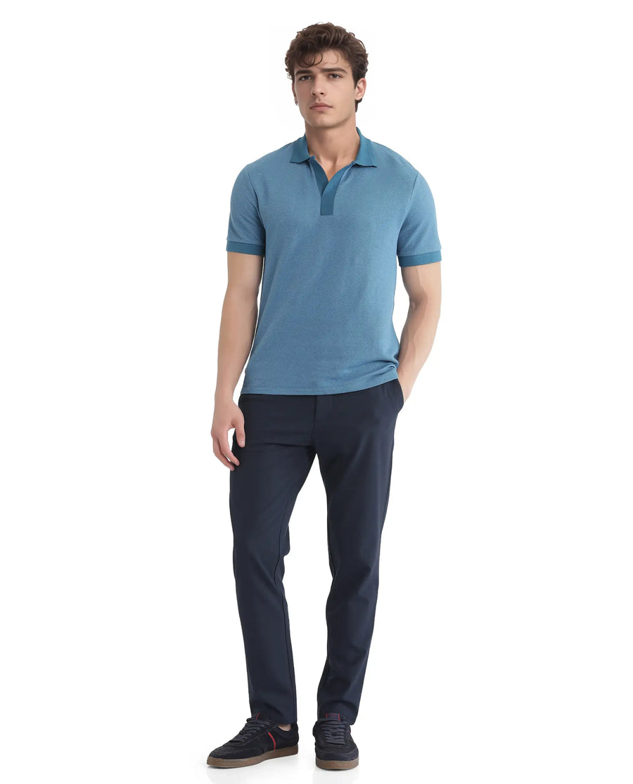 Rare Rabbit Men's Marcelon Teal Cotton Blend Jacquard Regular Fit Half Sleeve Polo