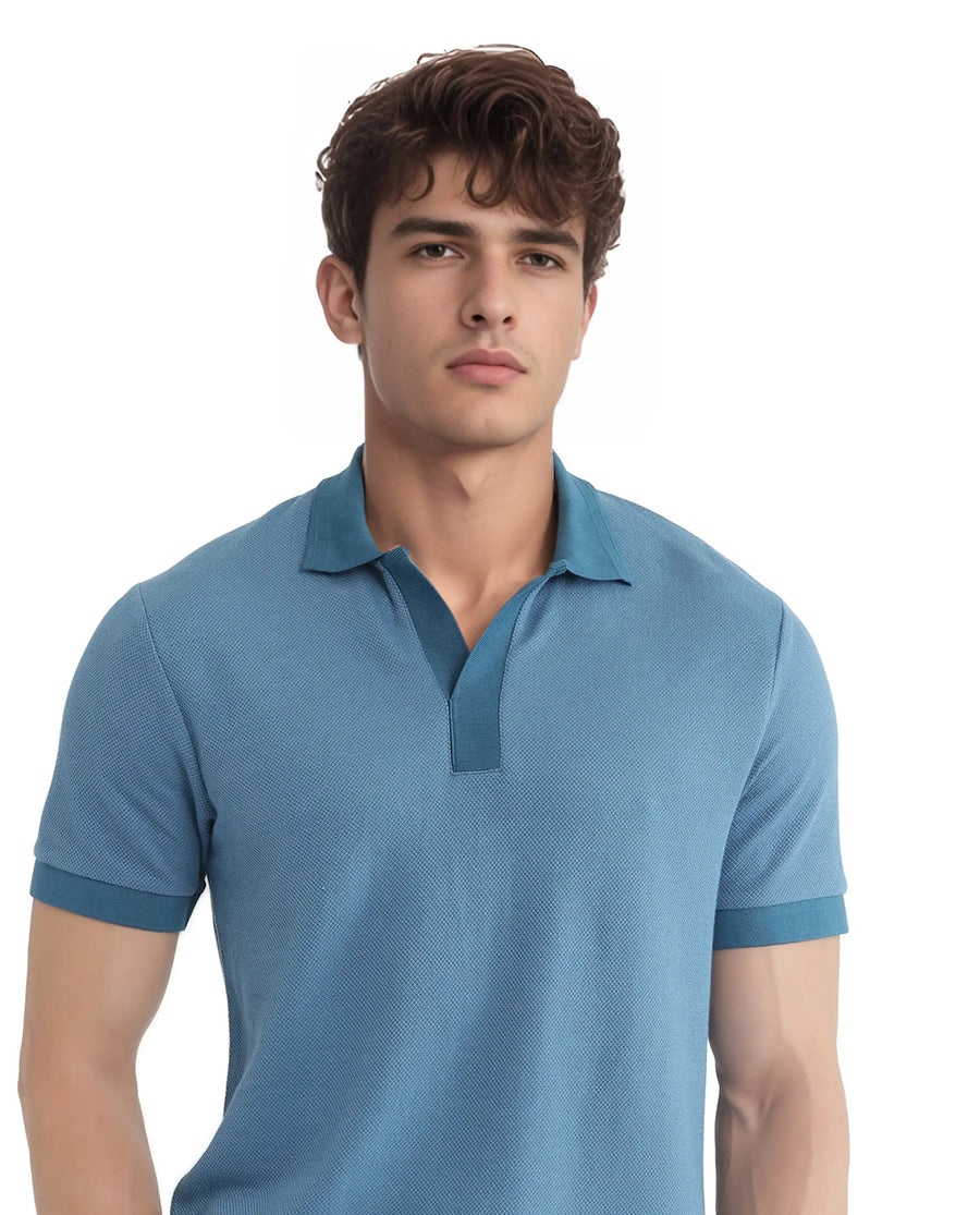 Rare Rabbit Men's Marcelon Teal Cotton Blend Jacquard Regular Fit Half Sleeve Polo