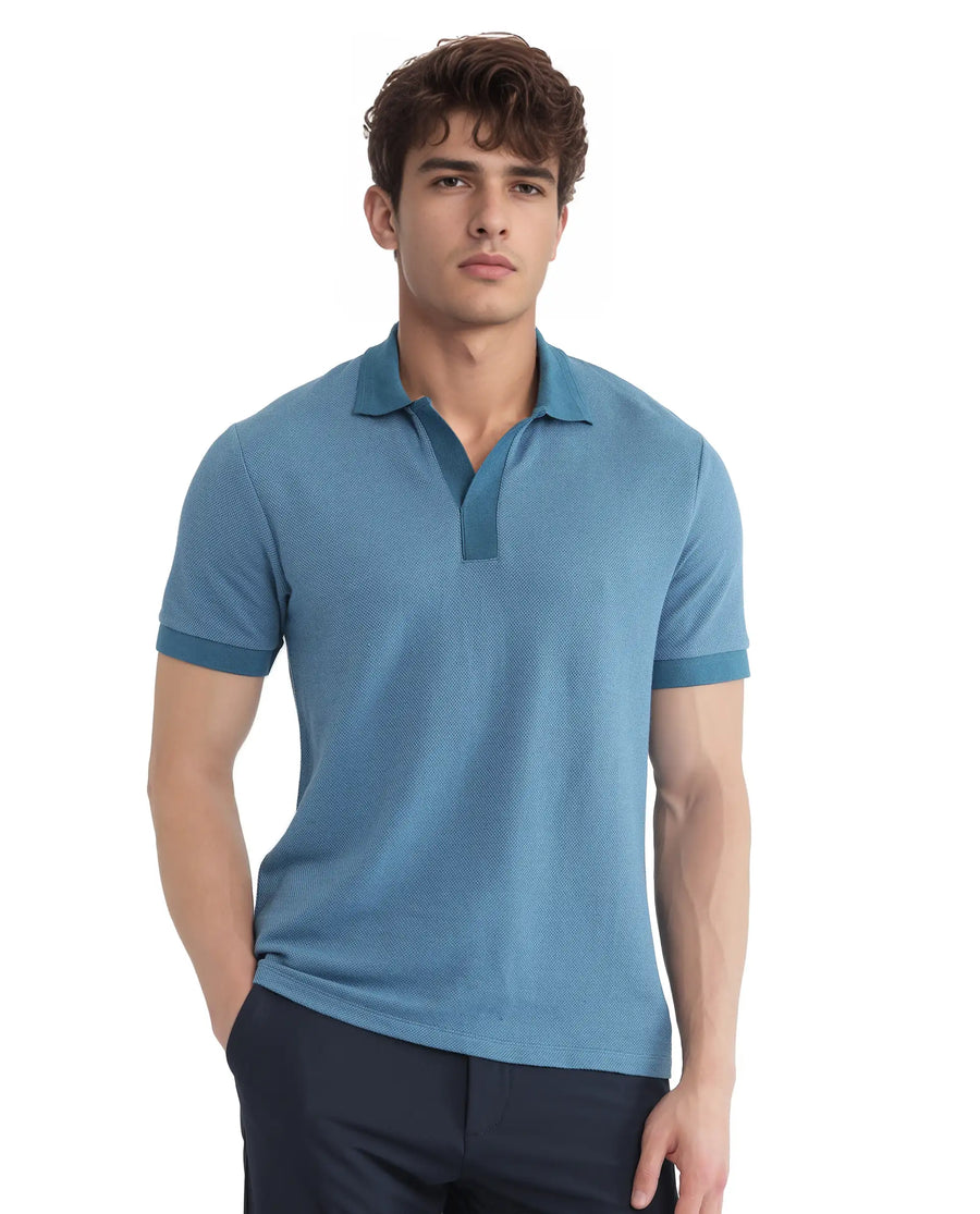 Rare Rabbit Men's Marcelon Teal Cotton Blend Jacquard Regular Fit Half Sleeve Polo
