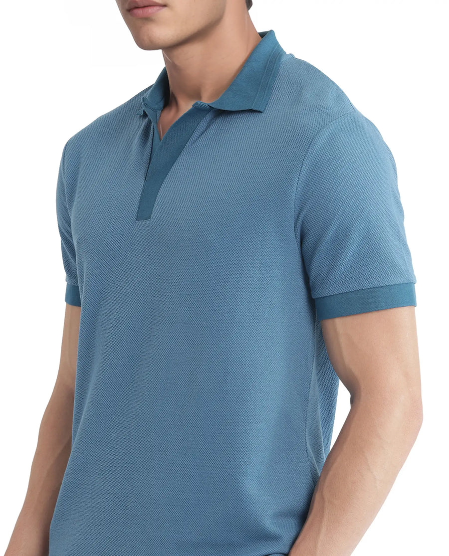 Rare Rabbit Men's Marcelon Teal Cotton Blend Jacquard Regular Fit Half Sleeve Polo