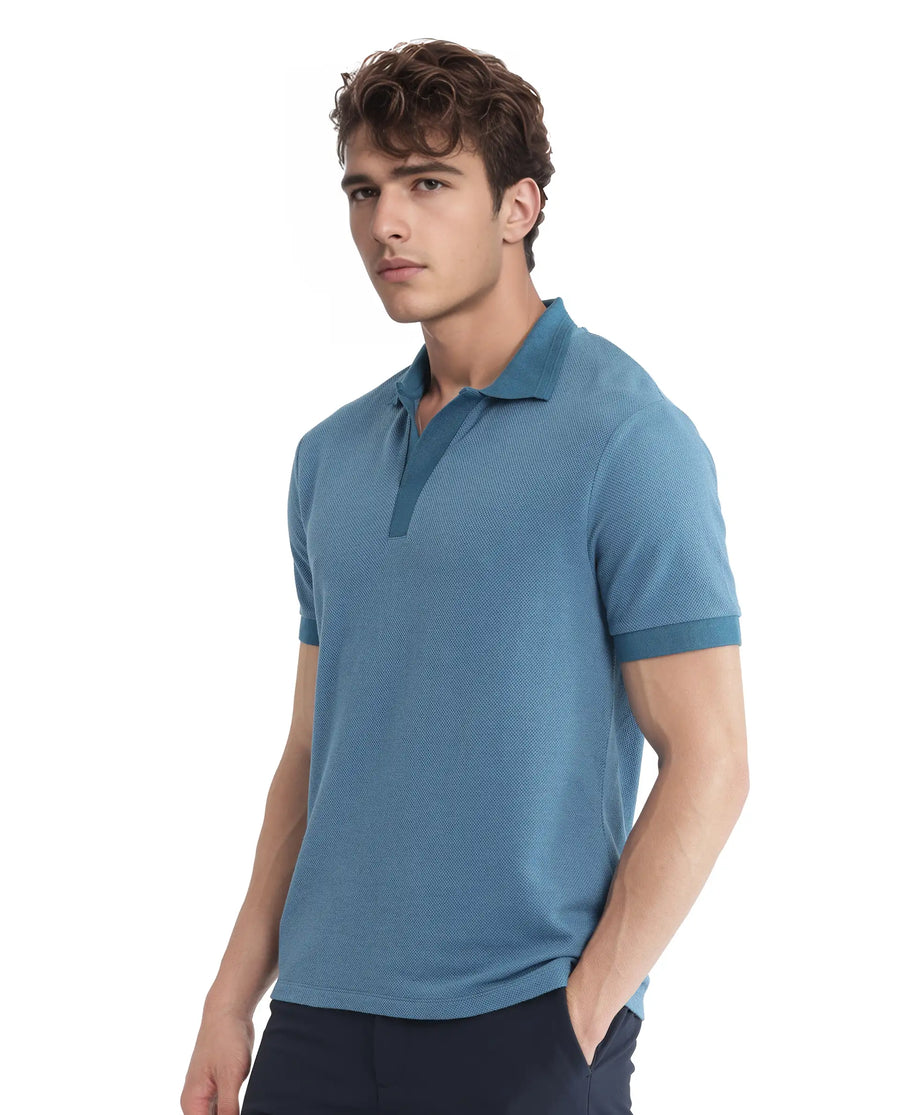 Rare Rabbit Men's Marcelon Teal Cotton Blend Jacquard Regular Fit Half Sleeve Polo