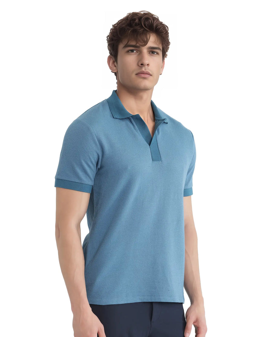 Rare Rabbit Men's Marcelon Teal Cotton Blend Jacquard Regular Fit Half Sleeve Polo