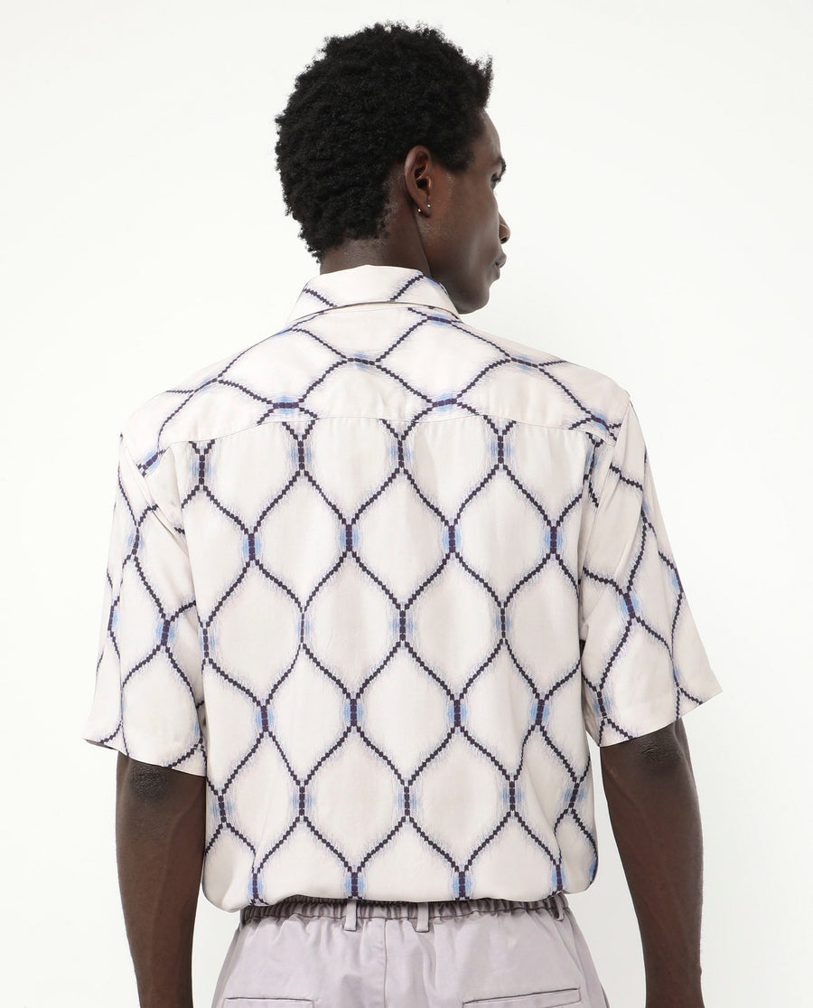 Rare Rabbit Men's Mareno Light Grey Viscose Geometric Print Regular Fit Half Sleeve Collared Shirt