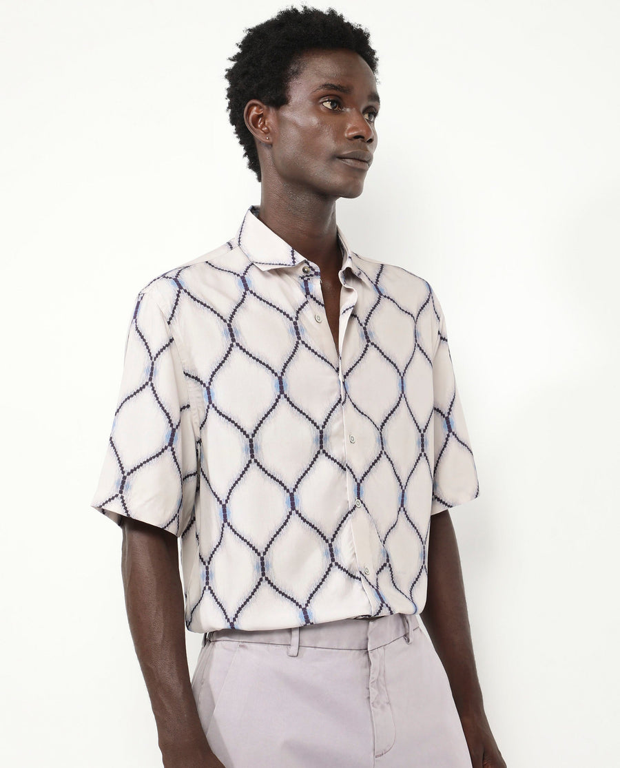 Rare Rabbit Men's Mareno Light Grey Viscose Geometric Print Regular Fit Half Sleeve Collared Shirt