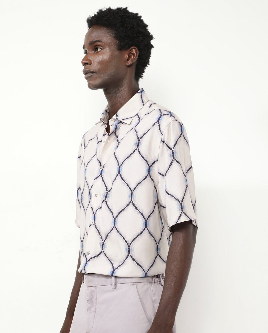 Rare Rabbit Men's Mareno Light Grey Viscose Geometric Print Regular Fit Half Sleeve Collared Shirt