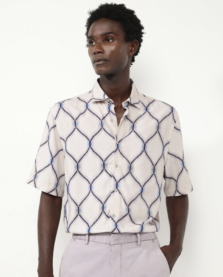 Rare Rabbit Men's Mareno Light Grey Viscose Geometric Print Regular Fit Half Sleeve Collared Shirt