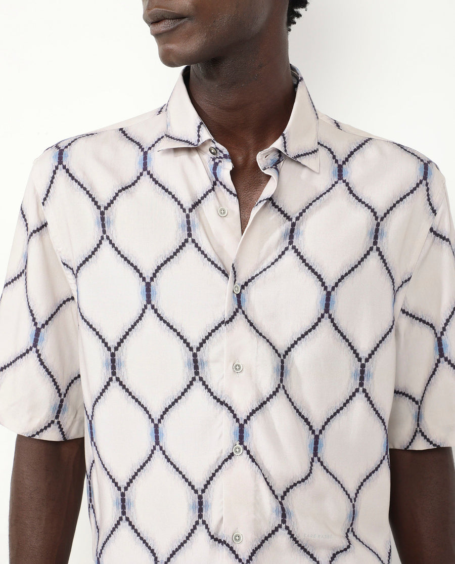 Rare Rabbit Men's Mareno Light Grey Viscose Geometric Print Regular Fit Half Sleeve Collared Shirt