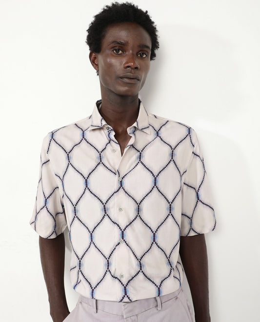 Rare Rabbit Men's Mareno Light Grey Viscose Geometric Print Regular Fit Half Sleeve Collared Shirt