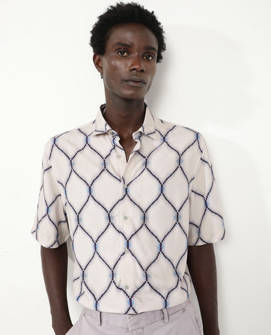 Rare Rabbit Men's Mareno Light Grey Viscose Geometric Print Regular Fit Half Sleeve Collared Shirt