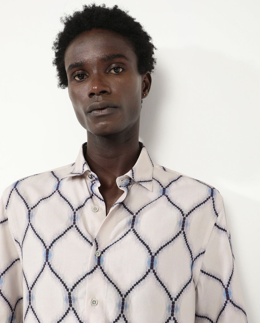 Rare Rabbit Men's Mareno Light Grey Viscose Geometric Print Regular Fit Half Sleeve Collared Shirt