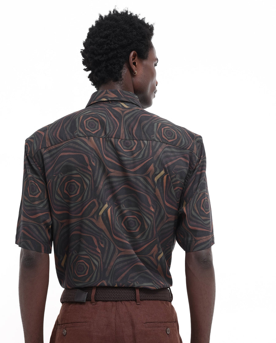Rare Rabbit Men's Marfik Black Viscose Abstract Print Boxy Fit Half Sleeve Spread Collar Shirt