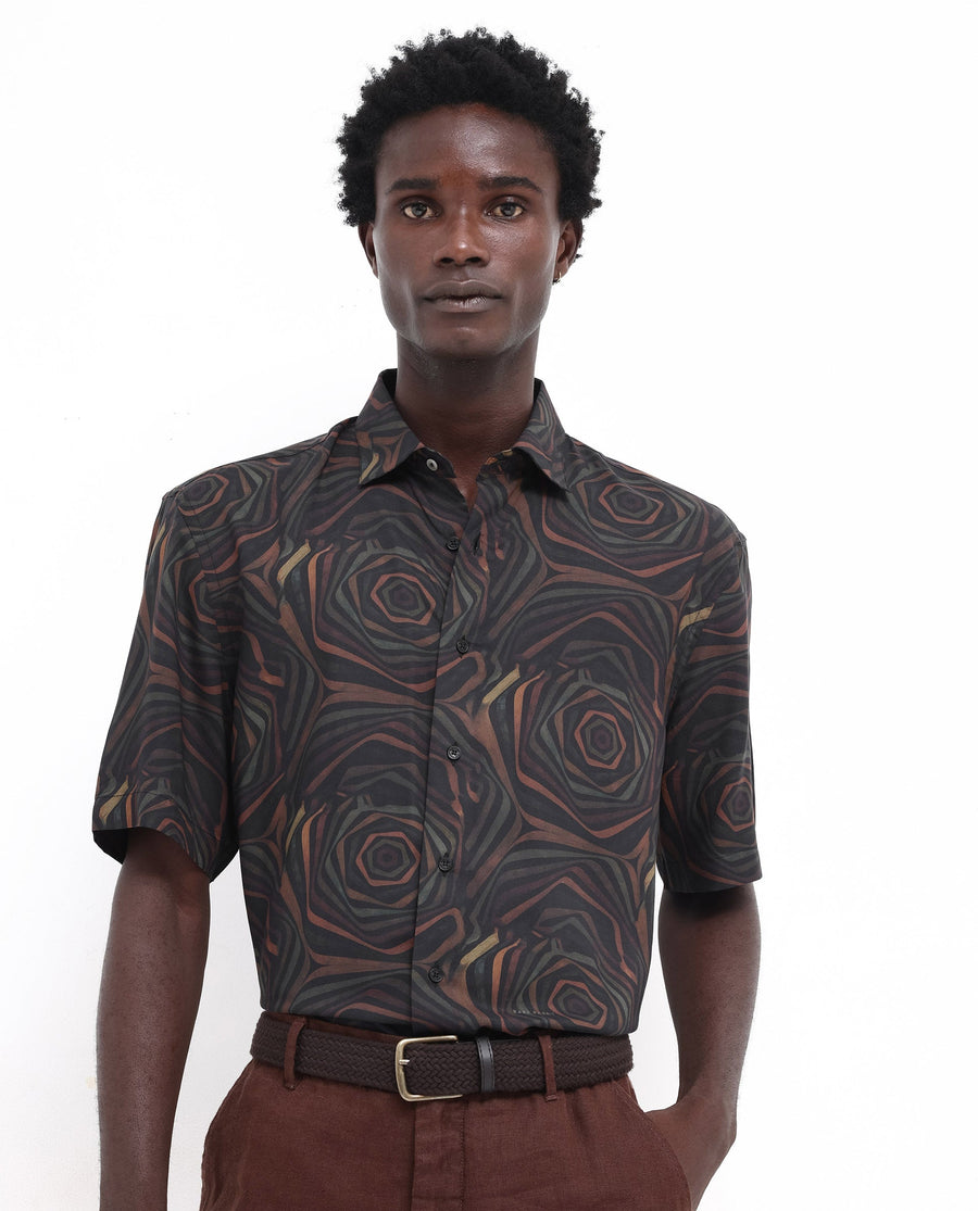 Rare Rabbit Men's Marfik Black Viscose Abstract Print Boxy Fit Half Sleeve Spread Collar Shirt