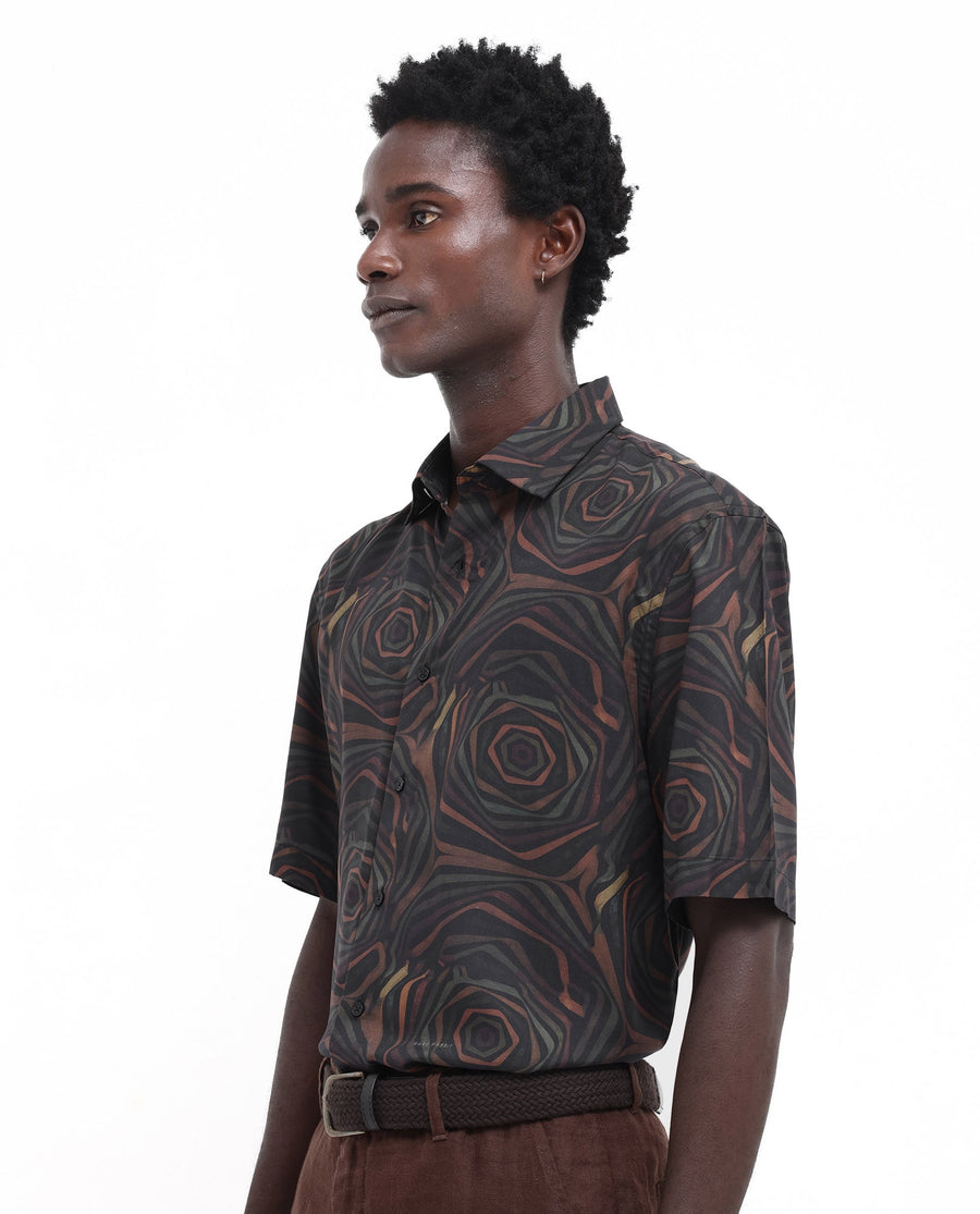Rare Rabbit Men's Marfik Black Viscose Abstract Print Boxy Fit Half Sleeve Spread Collar Shirt