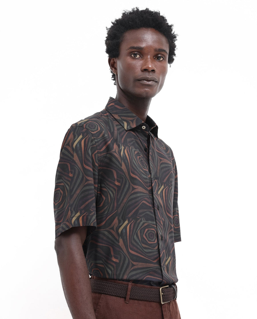 Rare Rabbit Men's Marfik Black Viscose Abstract Print Boxy Fit Half Sleeve Spread Collar Shirt