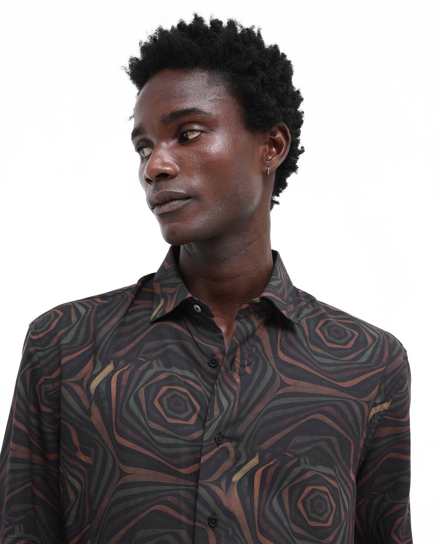 Rare Rabbit Men's Marfik Black Viscose Abstract Print Boxy Fit Half Sleeve Spread Collar Shirt