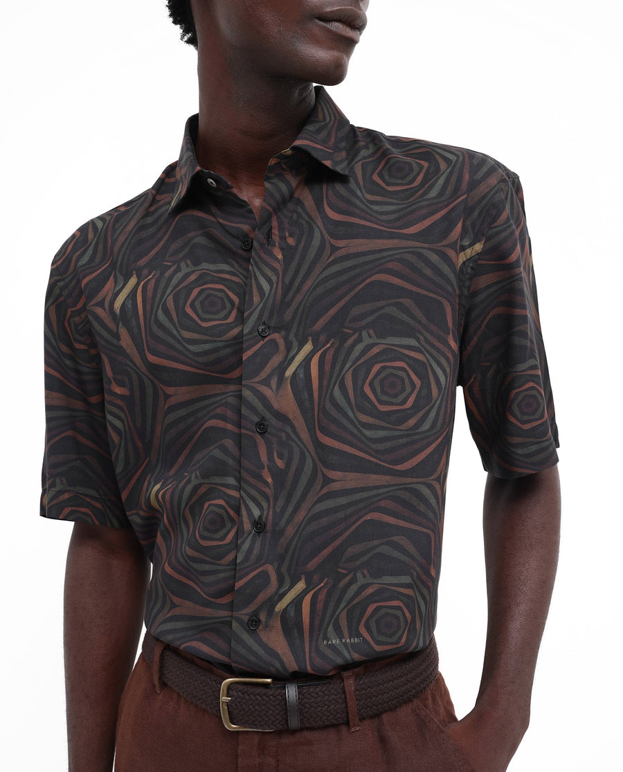 Rare Rabbit Men's Marfik Black Viscose Abstract Print Boxy Fit Half Sleeve Spread Collar Shirt