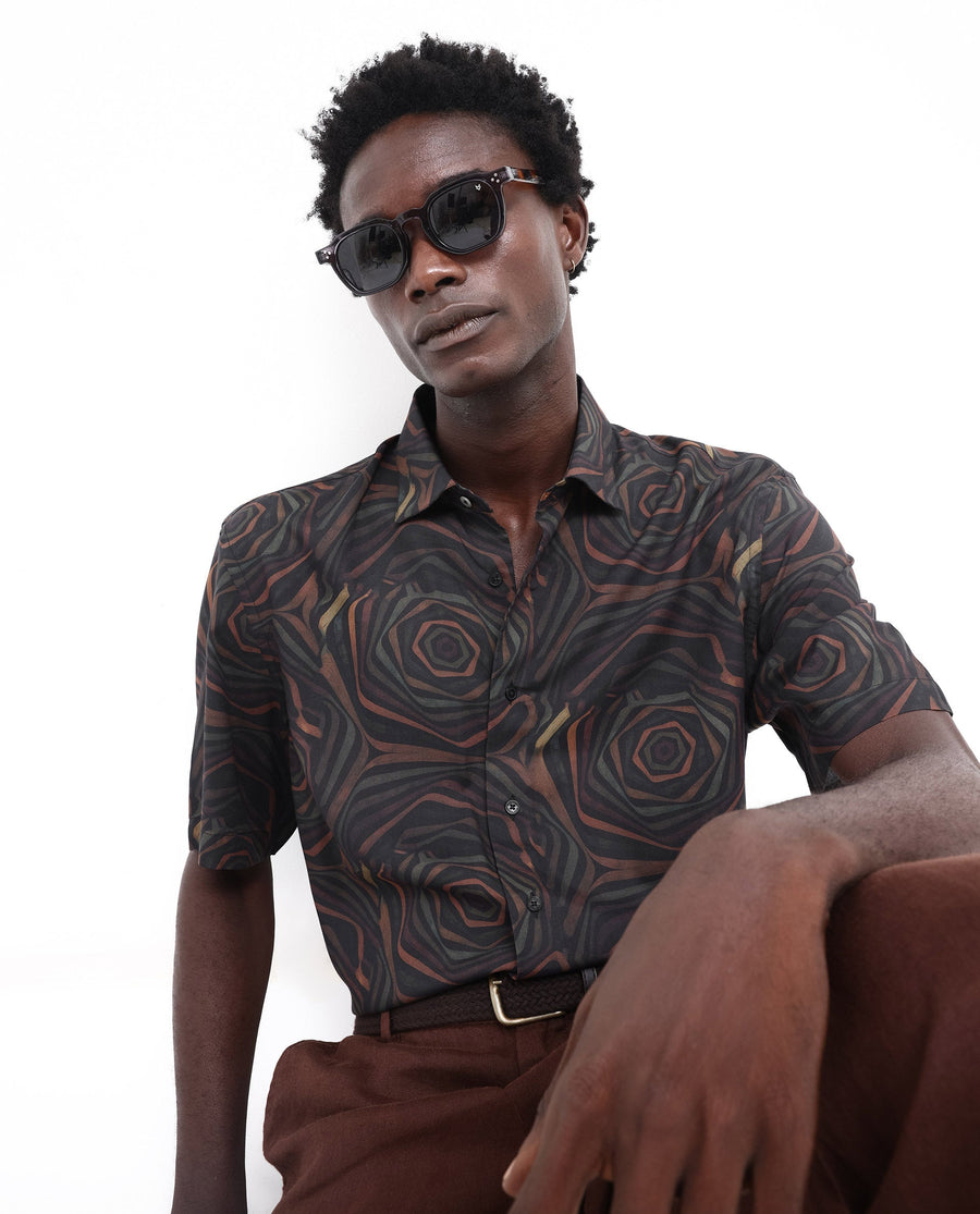 Rare Rabbit Men's Marfik Black Viscose Abstract Print Boxy Fit Half Sleeve Spread Collar Shirt