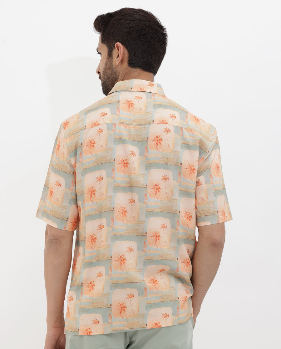 Rare Rabbit Men's Margon Light Peach Viscose Tropical Print Boxy Fit Half Sleeve Spread Collar Shirt