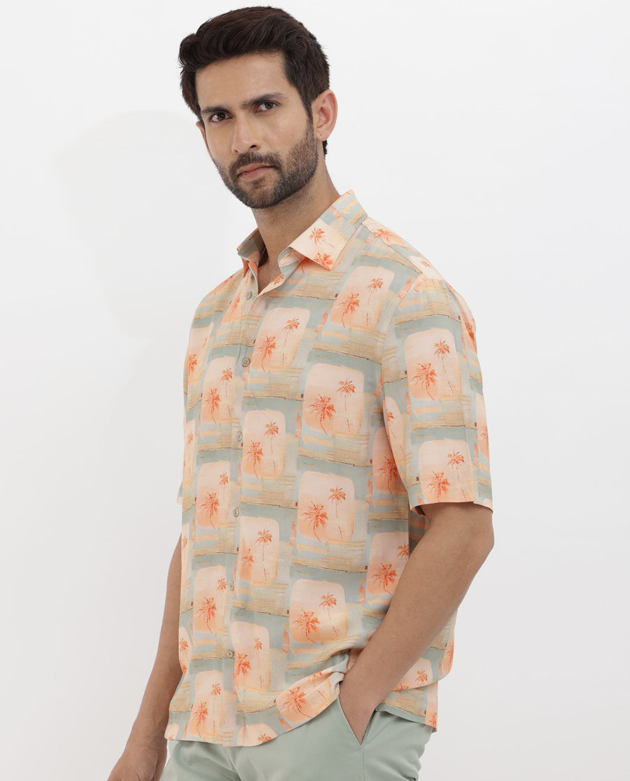 Rare Rabbit Men's Margon Light Peach Viscose Tropical Print Boxy Fit Half Sleeve Spread Collar Shirt