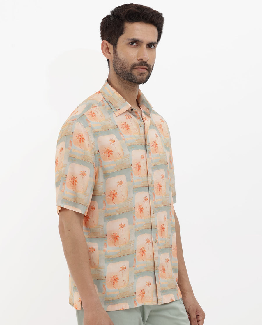 Rare Rabbit Men's Margon Light Peach Viscose Tropical Print Boxy Fit Half Sleeve Spread Collar Shirt