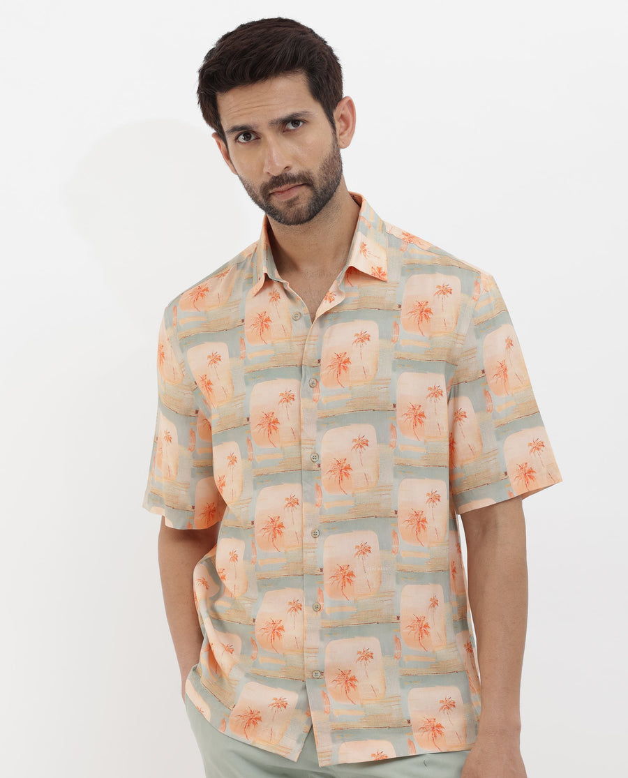 Rare Rabbit Men's Margon Light Peach Viscose Tropical Print Boxy Fit Half Sleeve Spread Collar Shirt