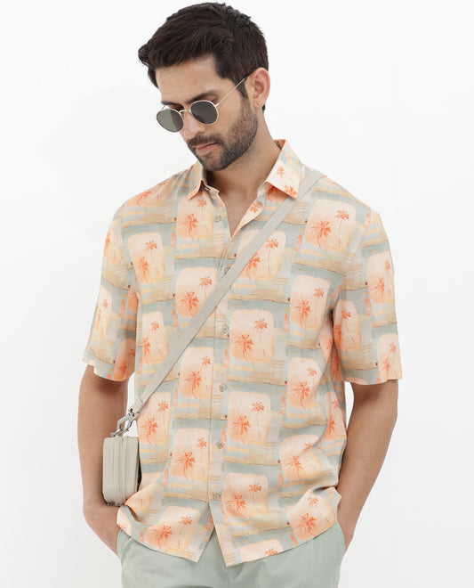 Rare Rabbit Men's Margon Light Peach Viscose Tropical Print Boxy Fit Half Sleeve Spread Collar Shirt