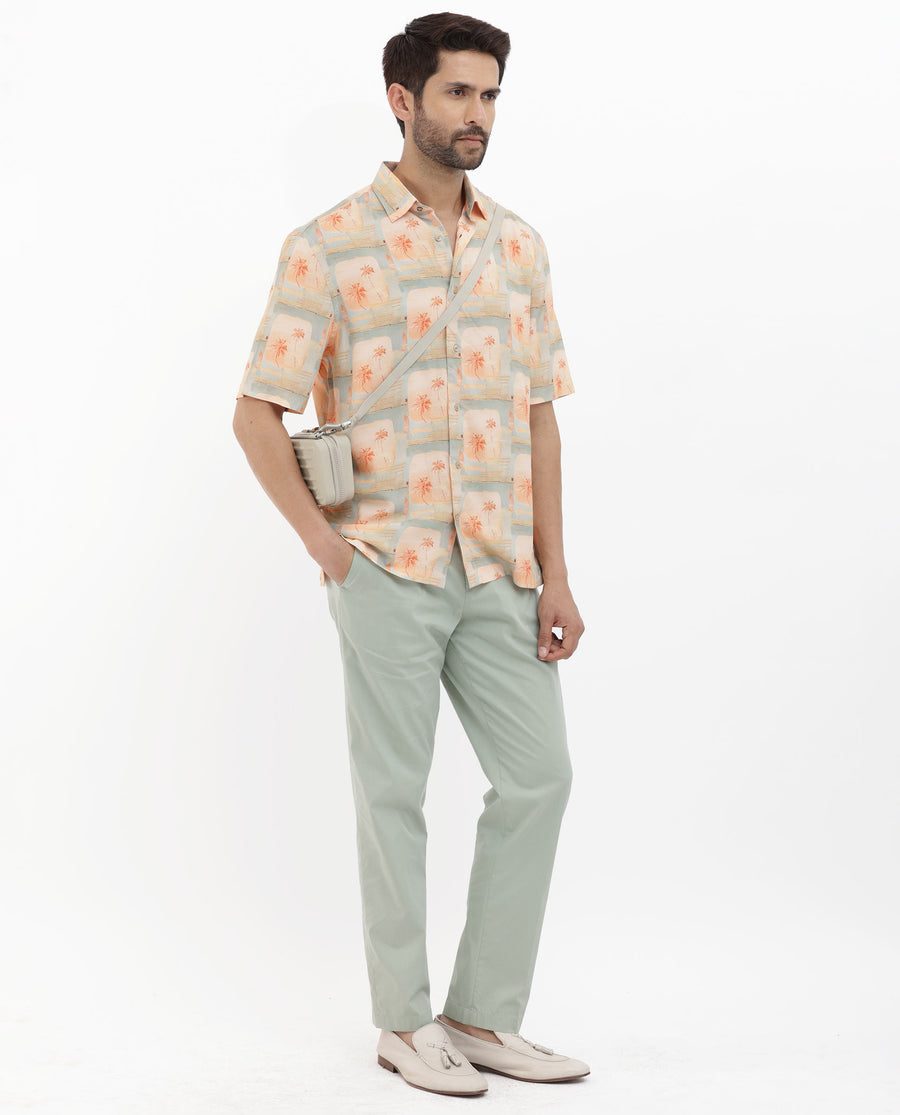 Rare Rabbit Men's Margon Light Peach Viscose Tropical Print Boxy Fit Half Sleeve Spread Collar Shirt
