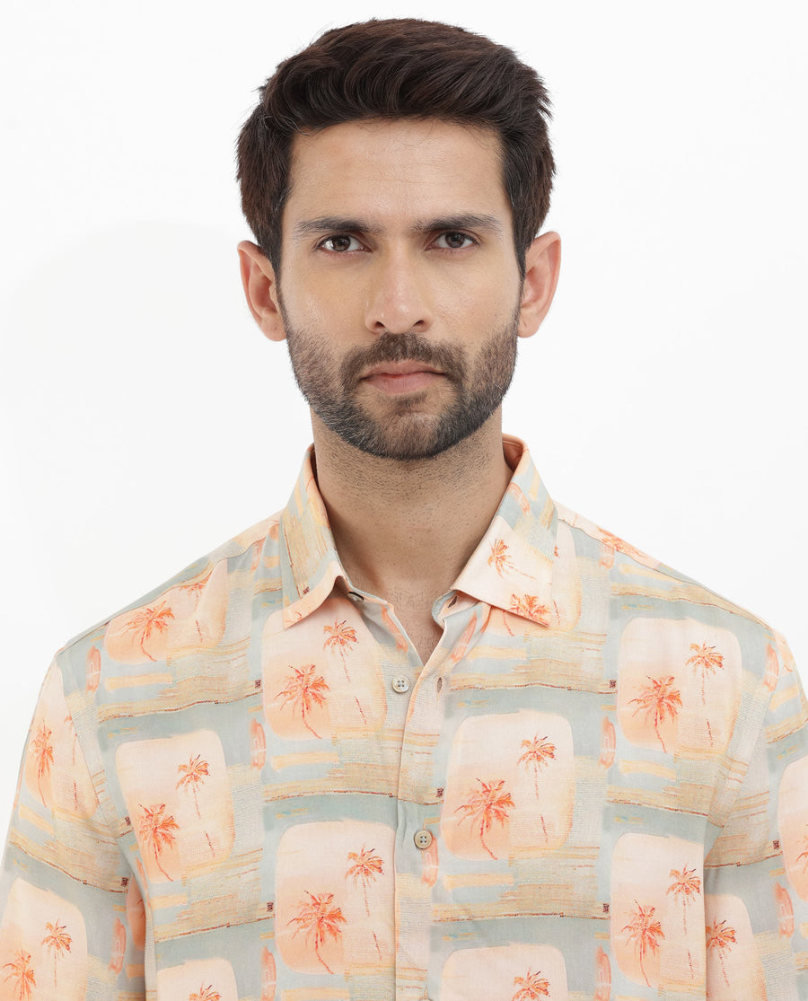 Rare Rabbit Men's Margon Light Peach Viscose Tropical Print Boxy Fit Half Sleeve Spread Collar Shirt