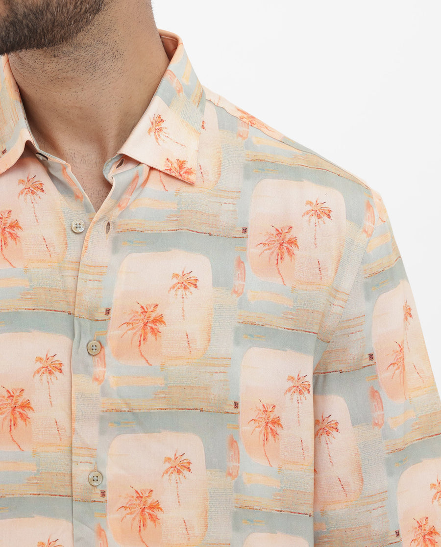 Rare Rabbit Men's Margon Light Peach Viscose Tropical Print Boxy Fit Half Sleeve Spread Collar Shirt