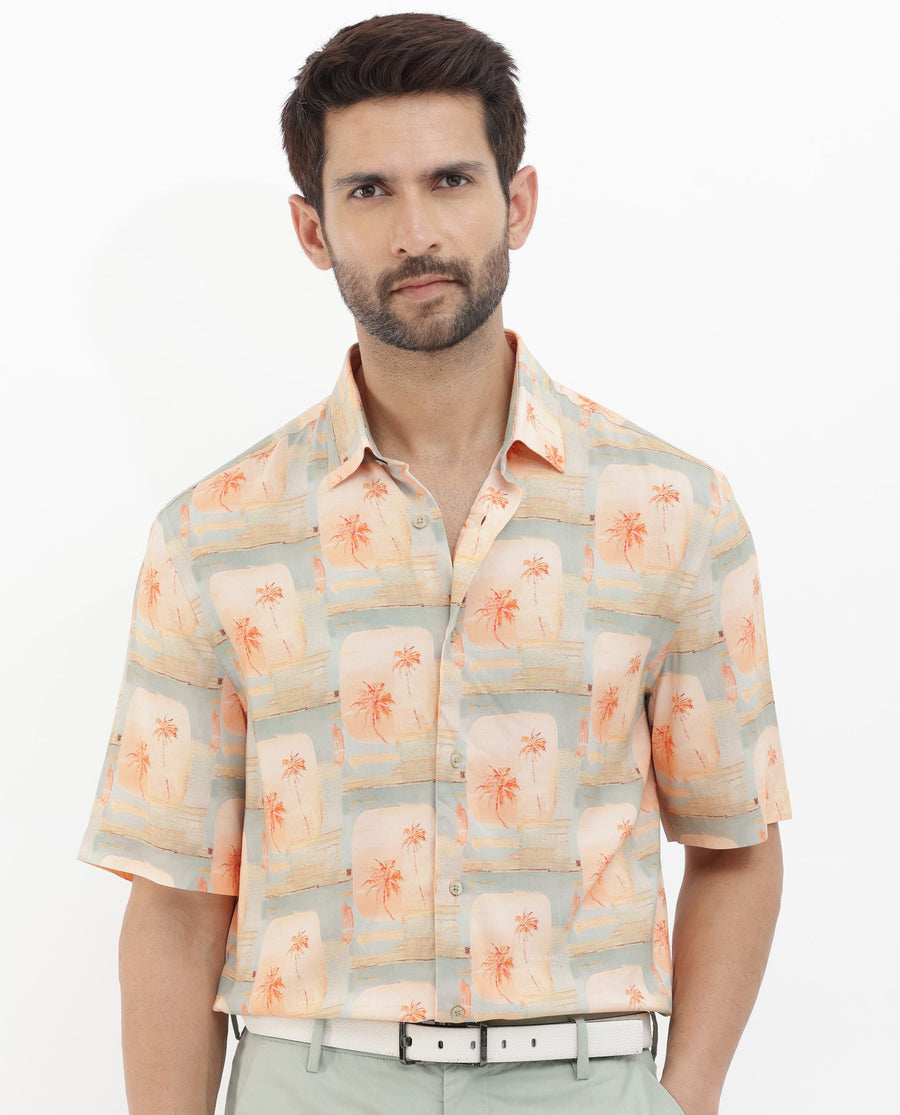 Rare Rabbit Men's Margon Light Peach Viscose Tropical Print Boxy Fit Half Sleeve Spread Collar Shirt
