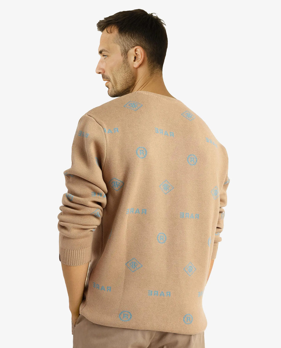Rare Rabbit Men's Mario Beige Cotton Monogram Print Regular Fit Full Sleeve Crew Neck Sweater