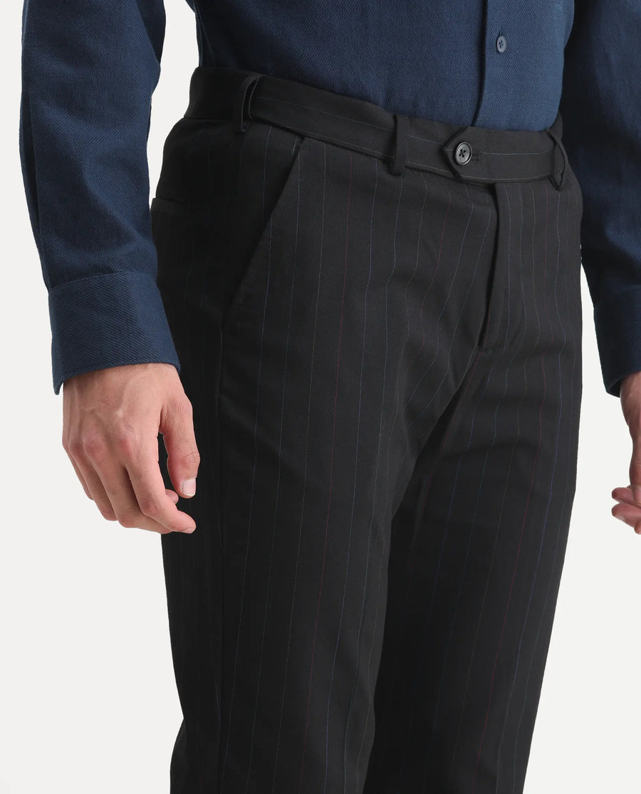 Rare Rabbit Men's Markas Black Polyester Striped Print Tailored Fit Full Sleeve Lapel Neck Suits