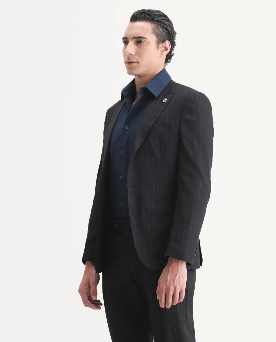 Rare Rabbit Men's Markas Black Polyester Striped Print Tailored Fit Full Sleeve Lapel Neck Suits