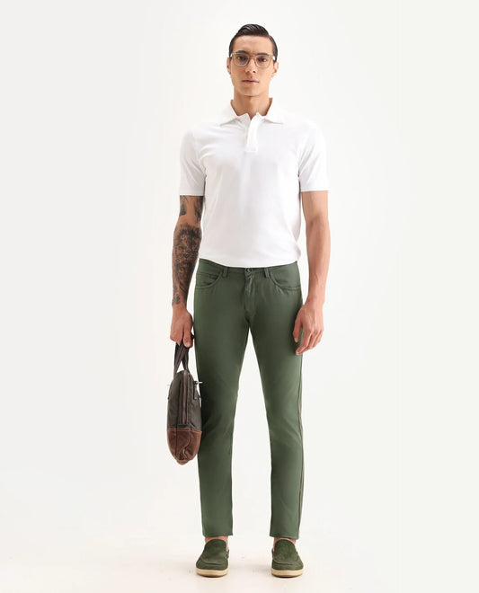 Rare Rabbit Men's Mark Green Cotton Plain Regular Fit Trouser