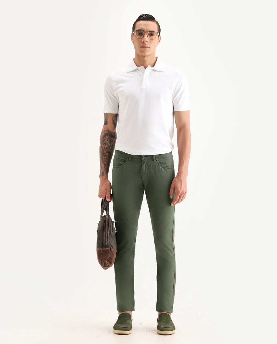 Rare Rabbit Men's Mark Green Cotton Plain Regular Fit Trouser