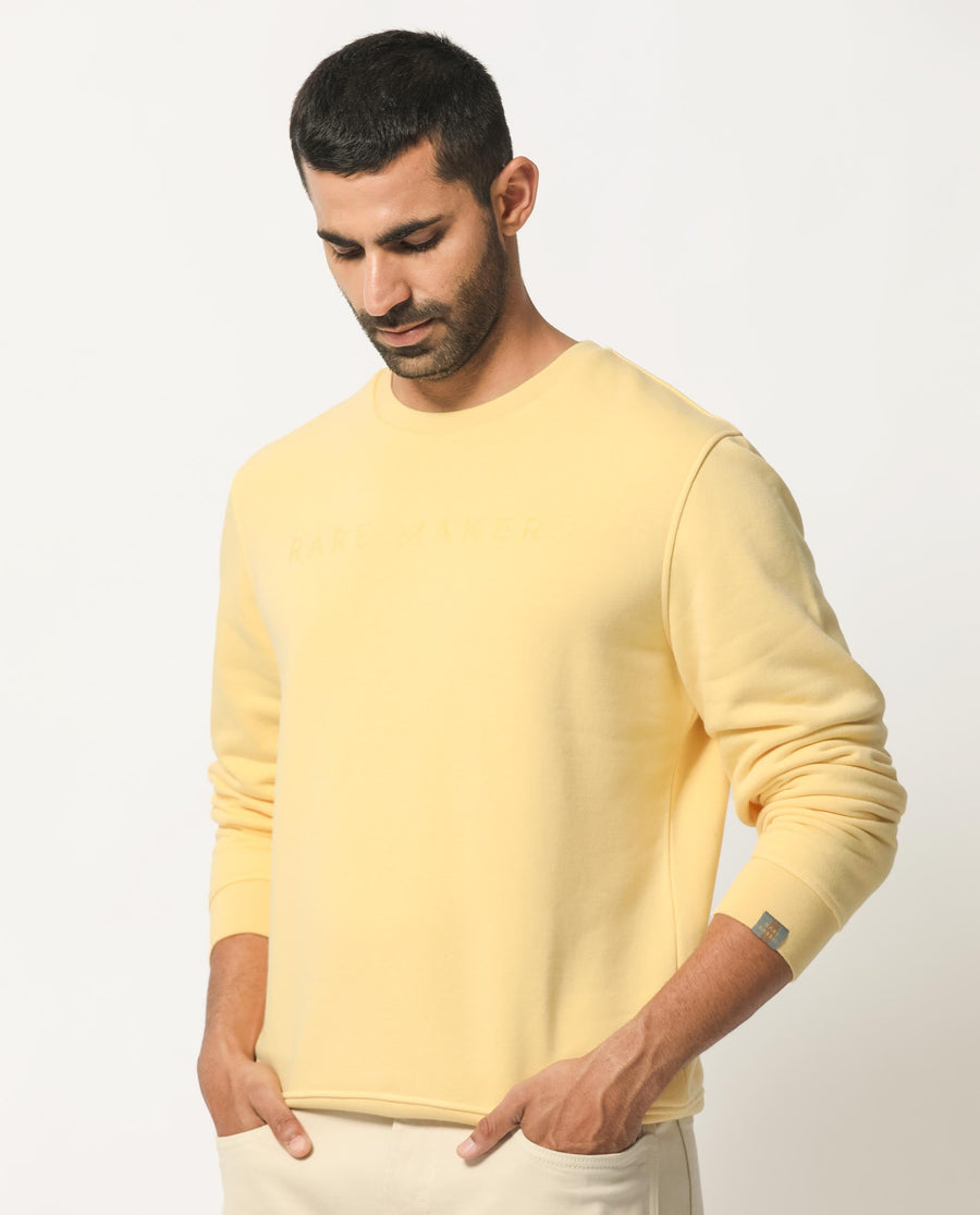 Rare Rabbit Men's Marko Yellow Cotton Graphic Print Regular Fit Full Sleeve Crew Neck Sweatshirt
