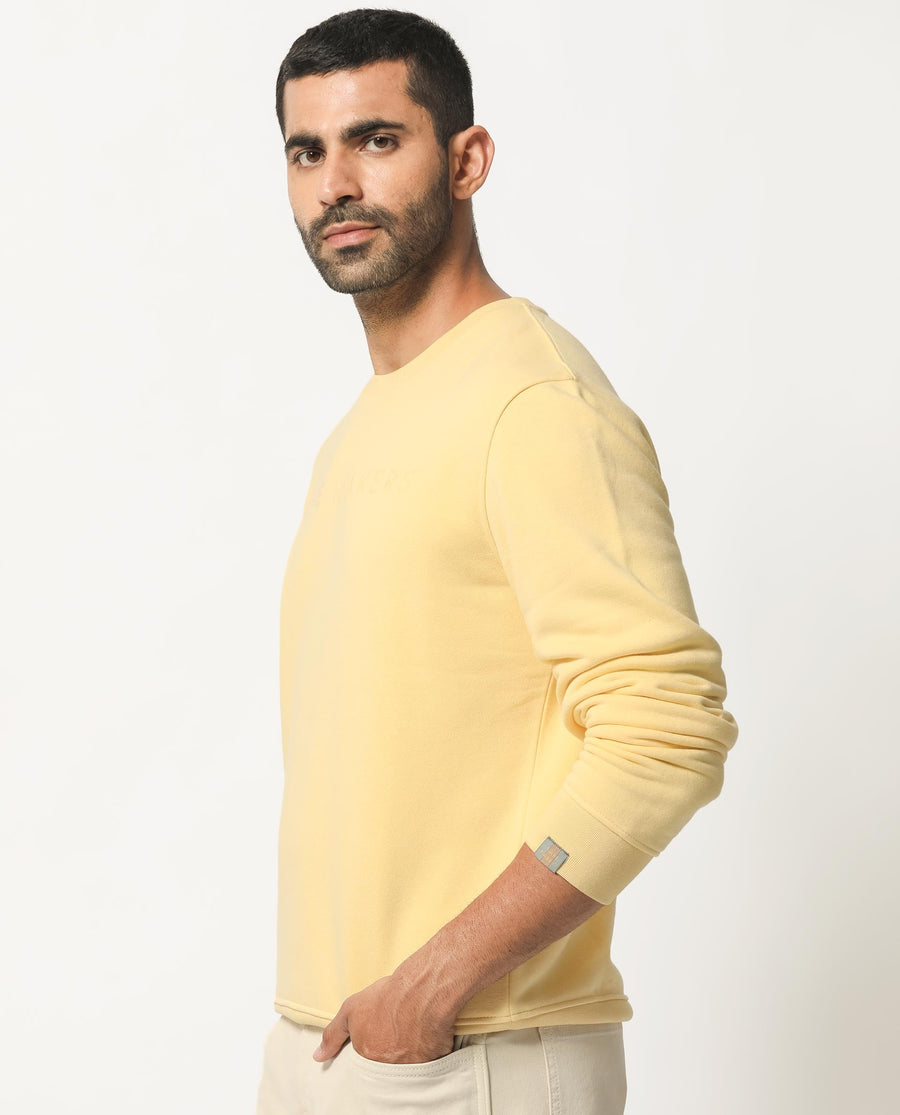 Rare Rabbit Men's Marko Yellow Cotton Graphic Print Regular Fit Full Sleeve Crew Neck Sweatshirt