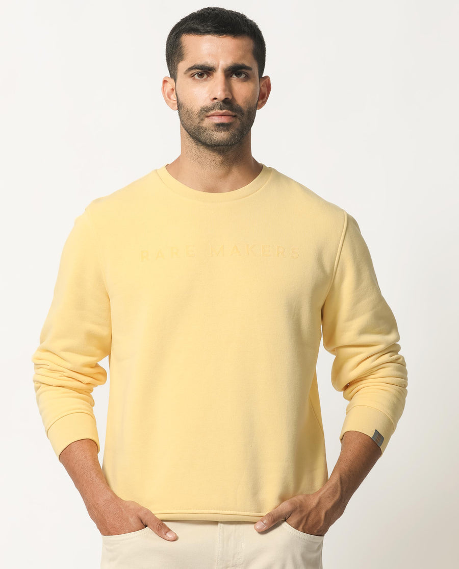 Rare Rabbit Men's Marko Yellow Cotton Graphic Print Regular Fit Full Sleeve Crew Neck Sweatshirt